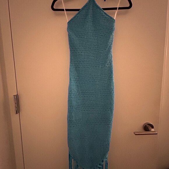 Blue Halter Dress Asymmetrical Fringe, XS - Picture 4 of 8